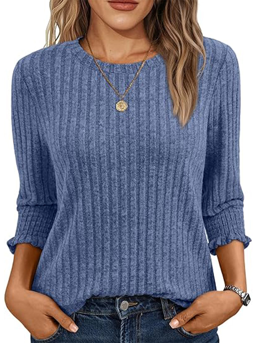 Solid Color Round Neck 3/4 Sleeve Sweater