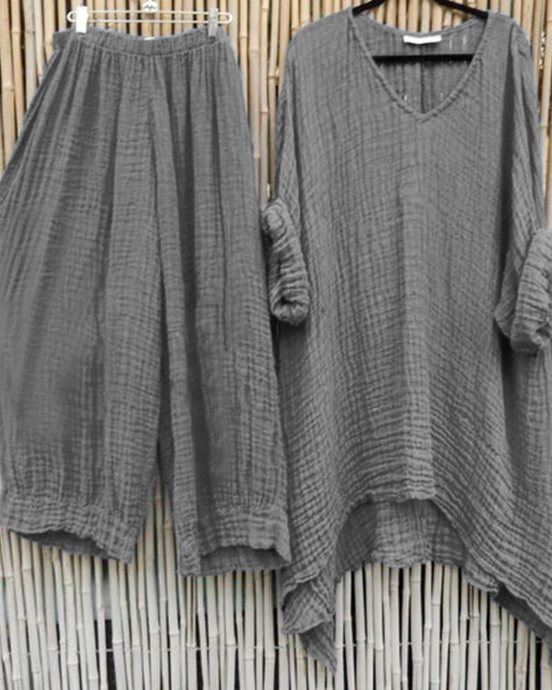 Women Gray Solid Color Loose V Neck Two Piece Set
