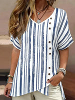 Nautical White Short Sleeve Striped V-Neck Top