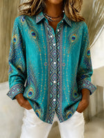 Women Geometric Casual Shirt Collar Long Sleeve Printing Top