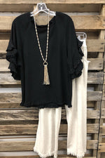 Black Solid Ruffled Round Neck Blouse