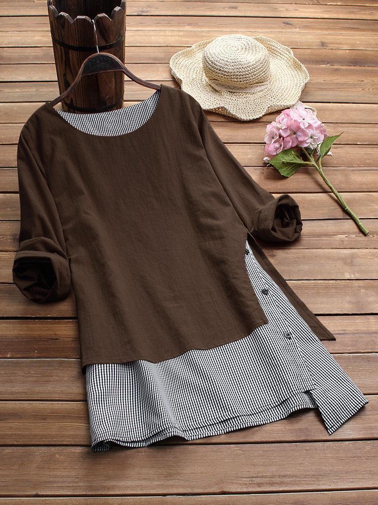 Stripe Patchwork Asymmetrical Long Sleeve Casual Blouse