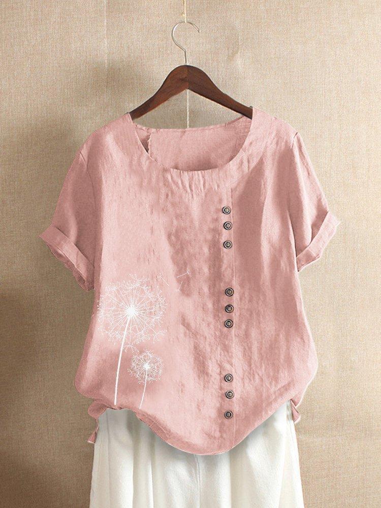 Women's Cotton Short Sleeve Top with Dandelion Print and Button Detail