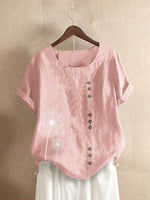 Women's Cotton Short Sleeve Top with Dandelion Print and Button Detail