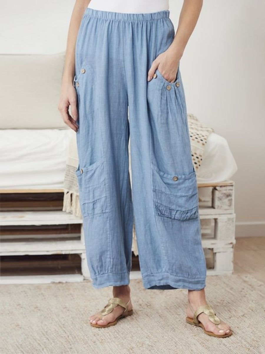 Blue Casual Solid Pants with Pockets