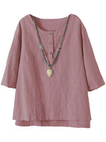 Solid Buttons Casual Round Neck 3/4 Sleeve Blouse