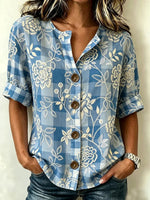 Blue Gingham Floral Print 3/4 Sleeve Blouse