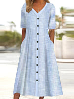 Women's Casual V-Neck Short Sleeve Striped Button-Down Midi Dress with Pockets
