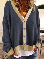 Purplish blue Casual Graphic Tops V-neck Long Sleeve Patchwork with Buttons Coat