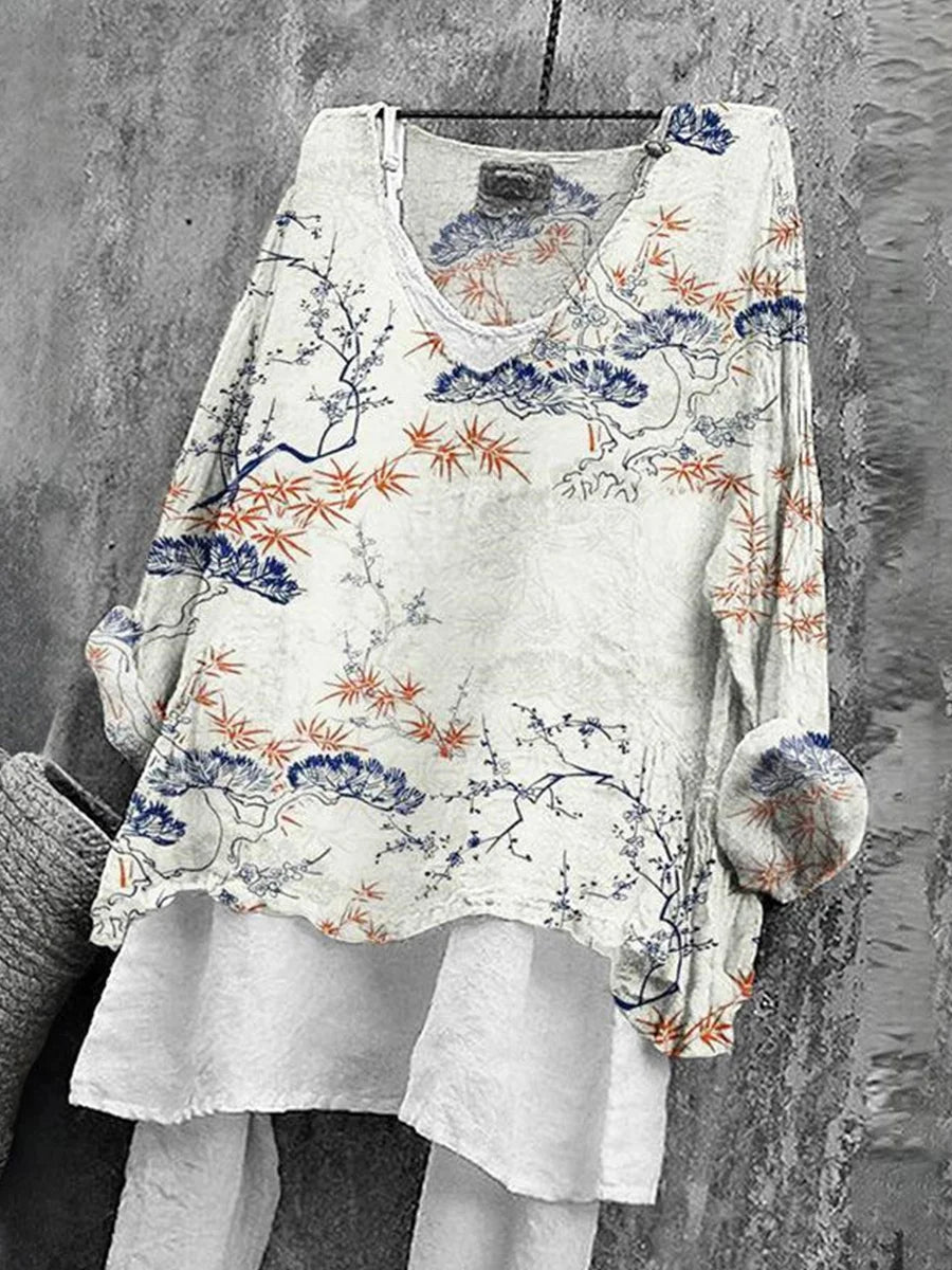 Grey Bamboo Print Long Sleeve Top
