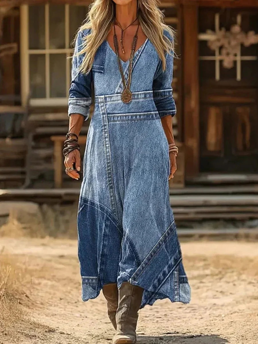 Casual Vintage V-neck Long Sleeve Dress