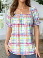 Colourful Plaid Square Neck Short Sleeve Blouse