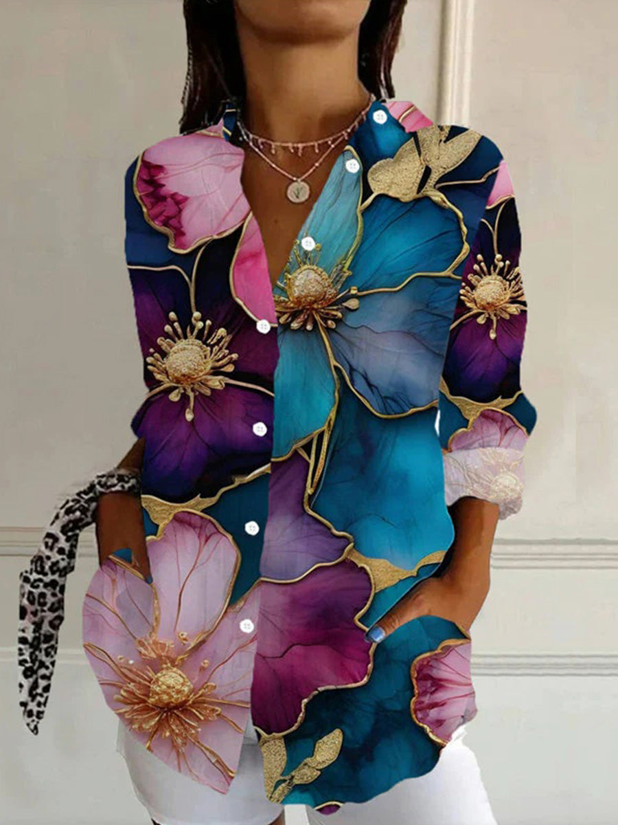 Vintage Floral Print Long Sleeve Blouse