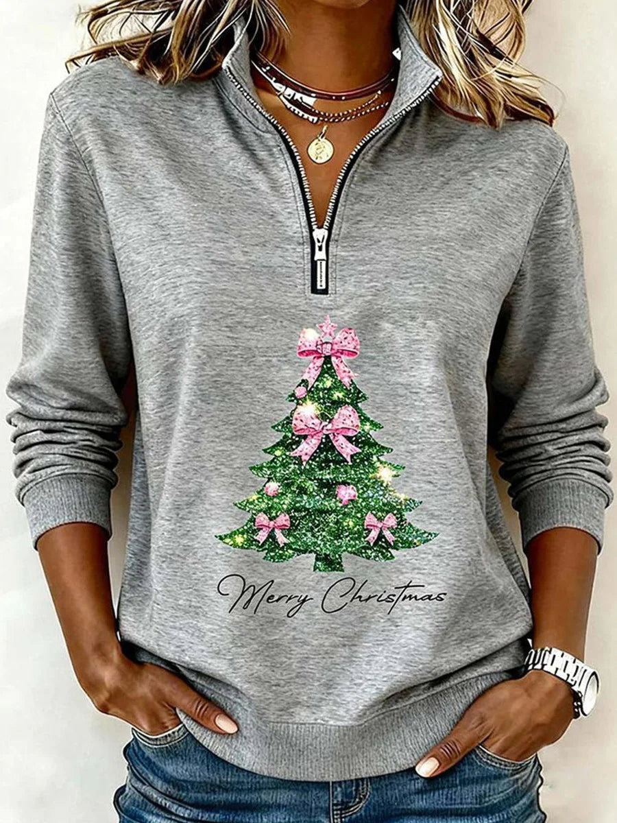 Grey Merry Christmas Tree Print Long Sleeve Sweatshirt