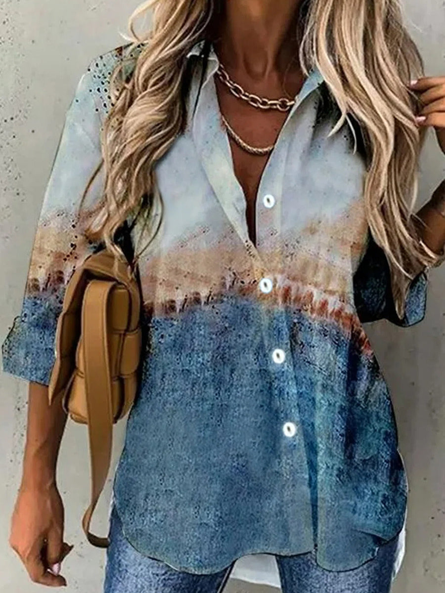 Abstract Print Lapel Long Sleeve Blouse