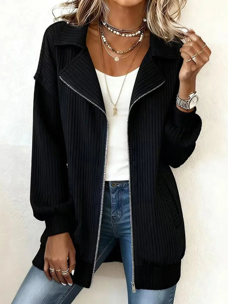 Classic Black Ribbed Zip Front Long Sleeve Cardigan