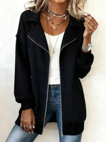 Classic Black Ribbed Zip Front Long Sleeve Cardigan
