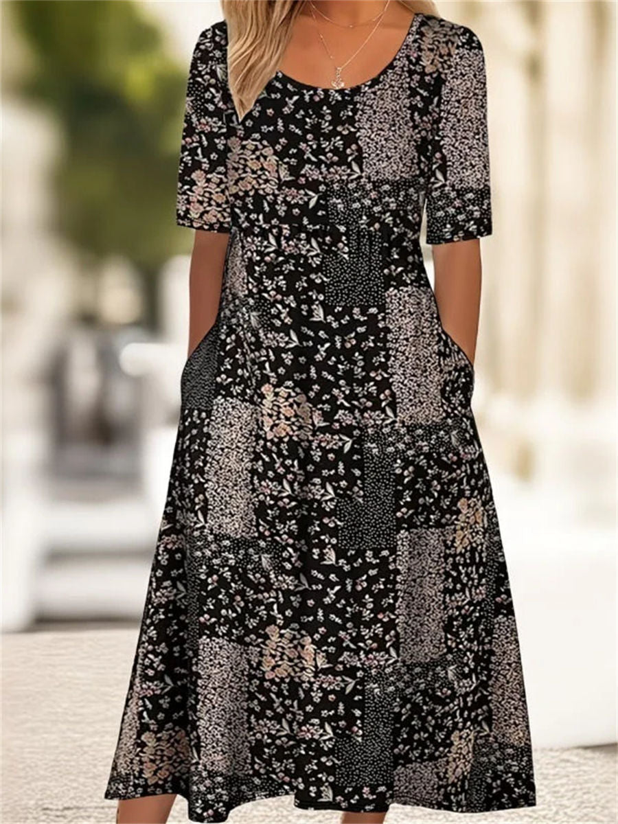 Vintage Floral Print Round Neck Short Sleeve Dress