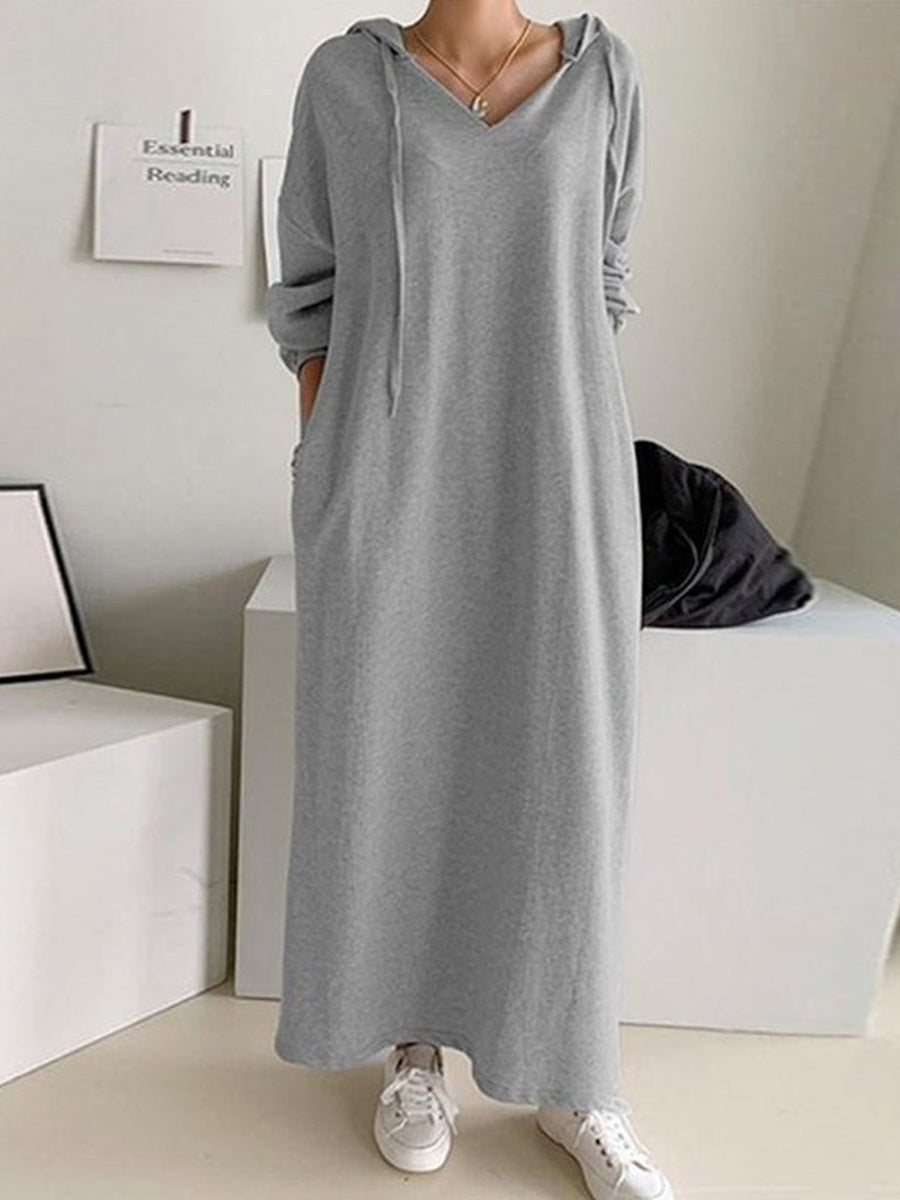 V Neck Drawstring Hooded Dress