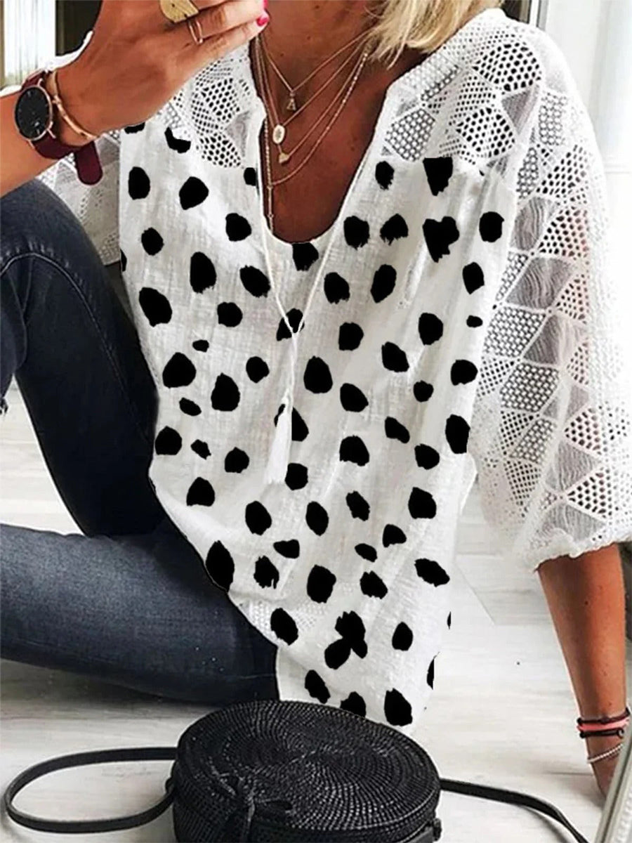 Casual Polka Dots V Neck 3/4 Sleeve Blouse