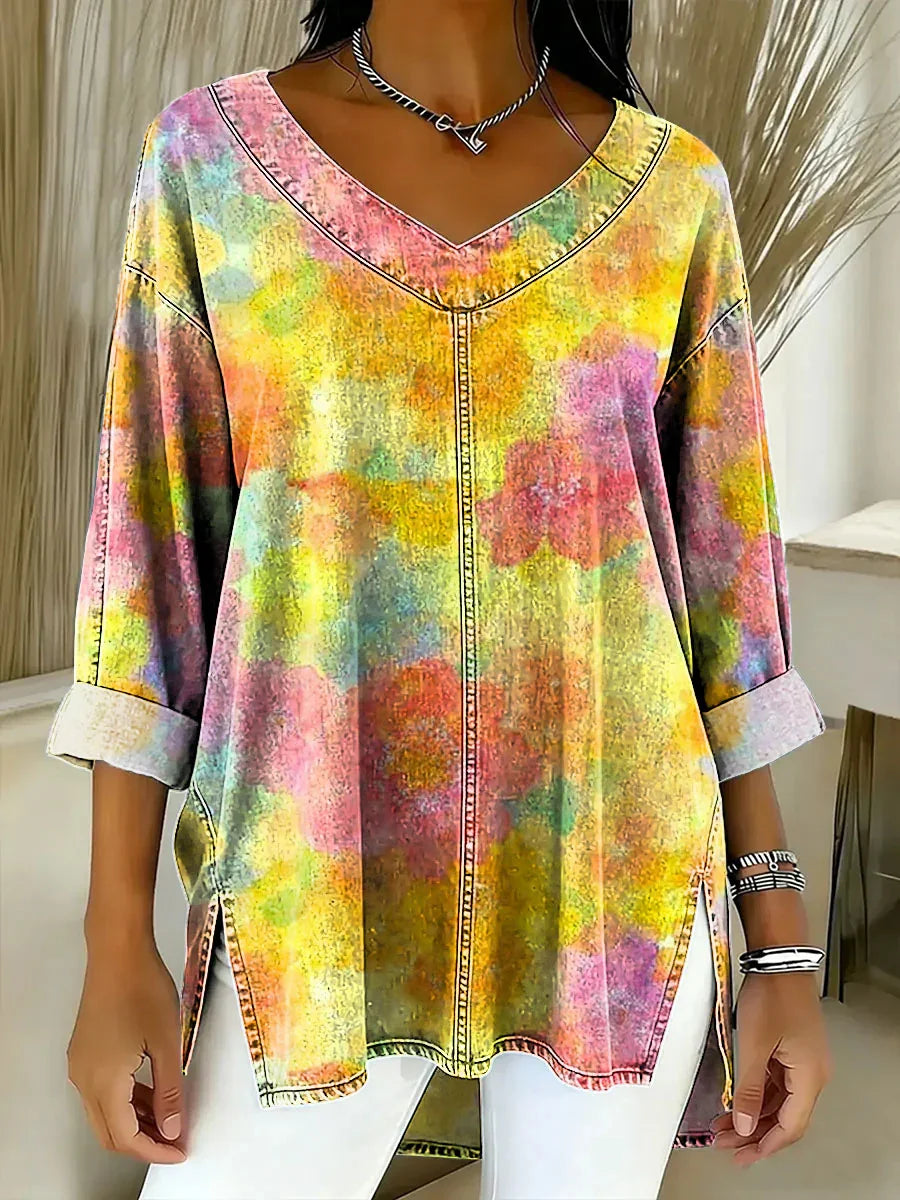 Women's Retro Gradient Floral Art Printed V-neck 3/4 Sleeve Top