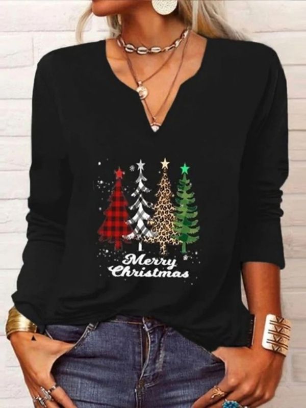 Black Casual Graphic Tops V-neck Long Sleeve Christmas Tree Printed Xmas Sweatshirts
