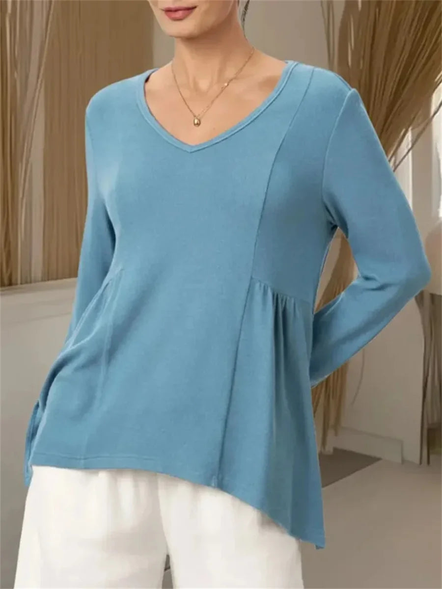 Women's Solid Color V-neck Long Sleeve Blouse