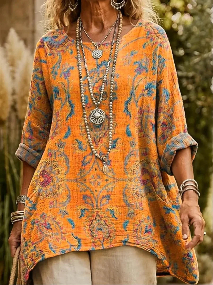 Vintage Round Neck Long Sleeve Floral Print Pocketed Irregular Hem Top