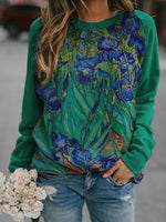 Green Casual Graphic Tops Round Neck Long Sleeve Floral Printed Sweatshirts