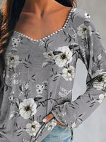 Gray Casual Tops V-neck Long Sleeve Floral Printed Sweatshirt