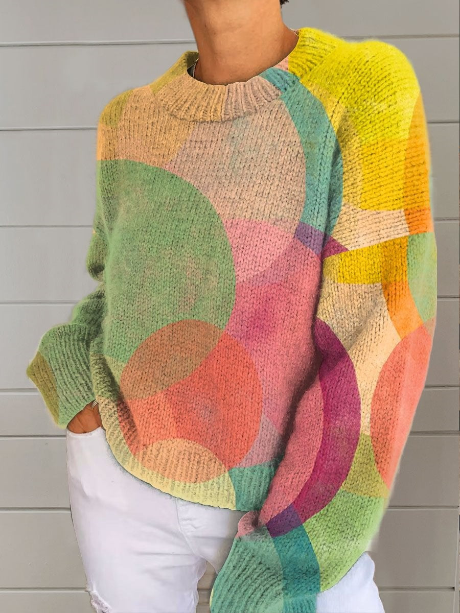 Women's Vintage Abstract Geometry Art Print Casual Round Neck Long Sleeve Pullover Sweater