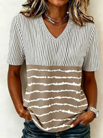 Casual Stripe Color-Block V-Neck Short Sleeve T-Shirt