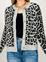 Grey Leopard Print Button Down Knit Cardigan