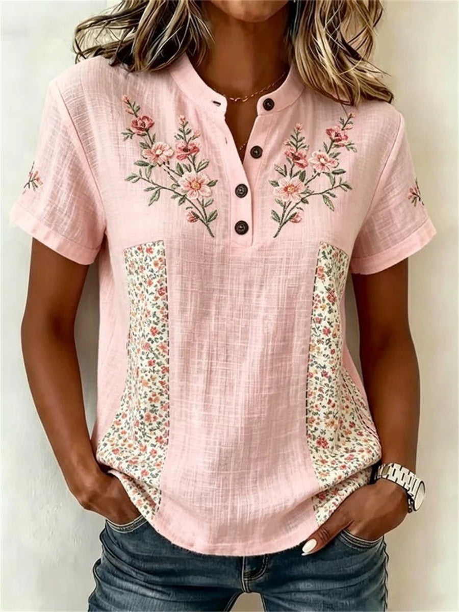 Vintage Floral Print Short Sleeve Blouse