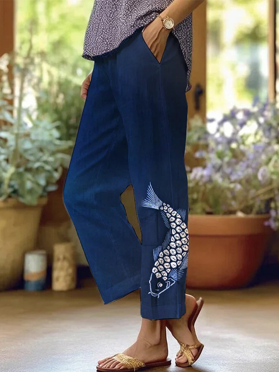 Women's Blue Tie-Dye Goldfish Print Straight Pants