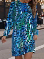 Casual Round Neck Long Sleeve Dot Printed Blue Dress