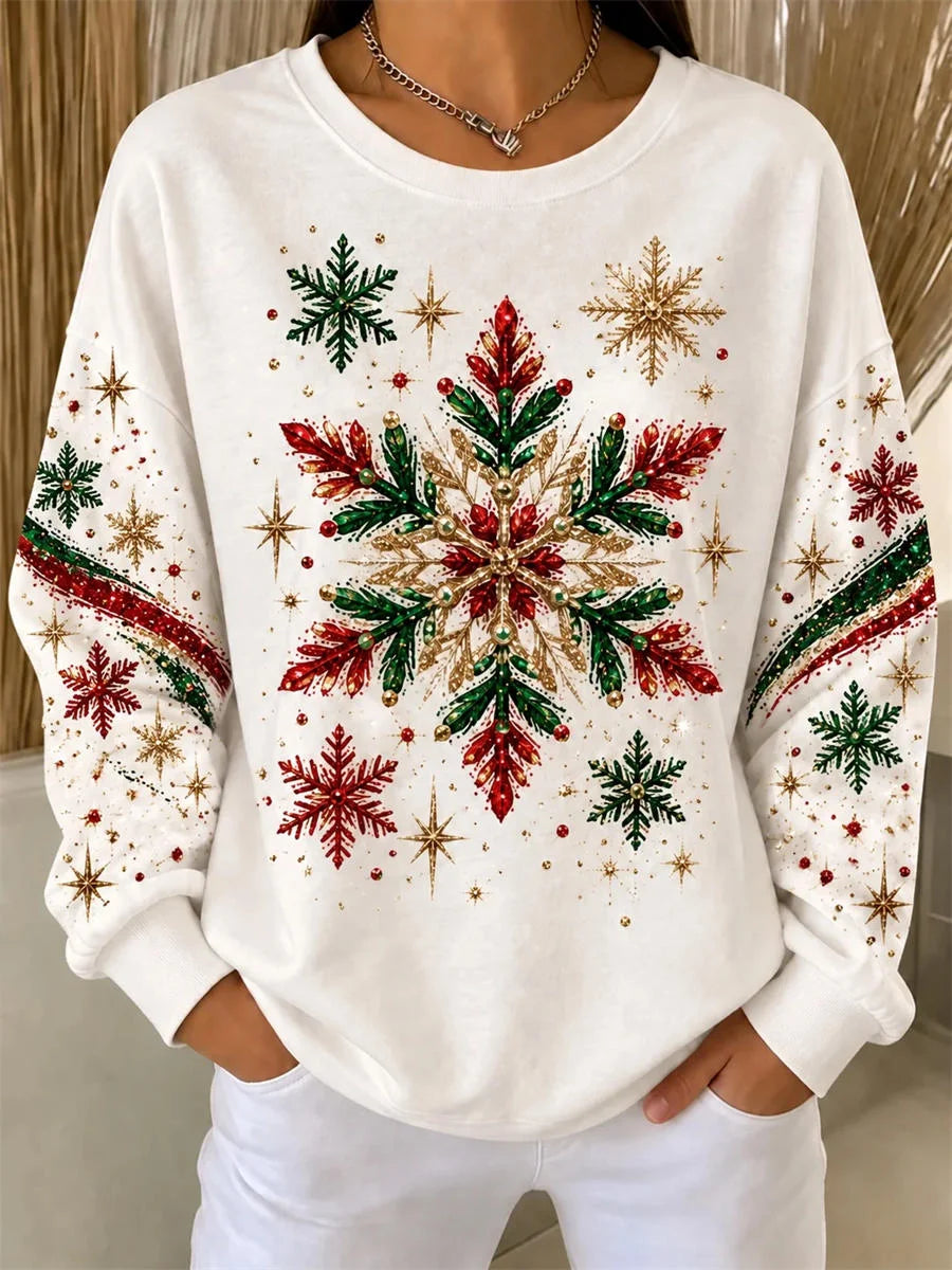 Casual Snowflake Crew Neck Long Sleeve Sweatshirt