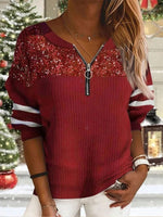 Red Casual V Neck Splicing Half Sleeve Xmas Sweater