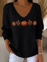 Women's Casual Autumn Maple Leaf Pumpkin Striped Long Sleeve V-Neck Top