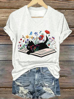 Casual Cat Print V-neck Short Sleeve T-Shirt