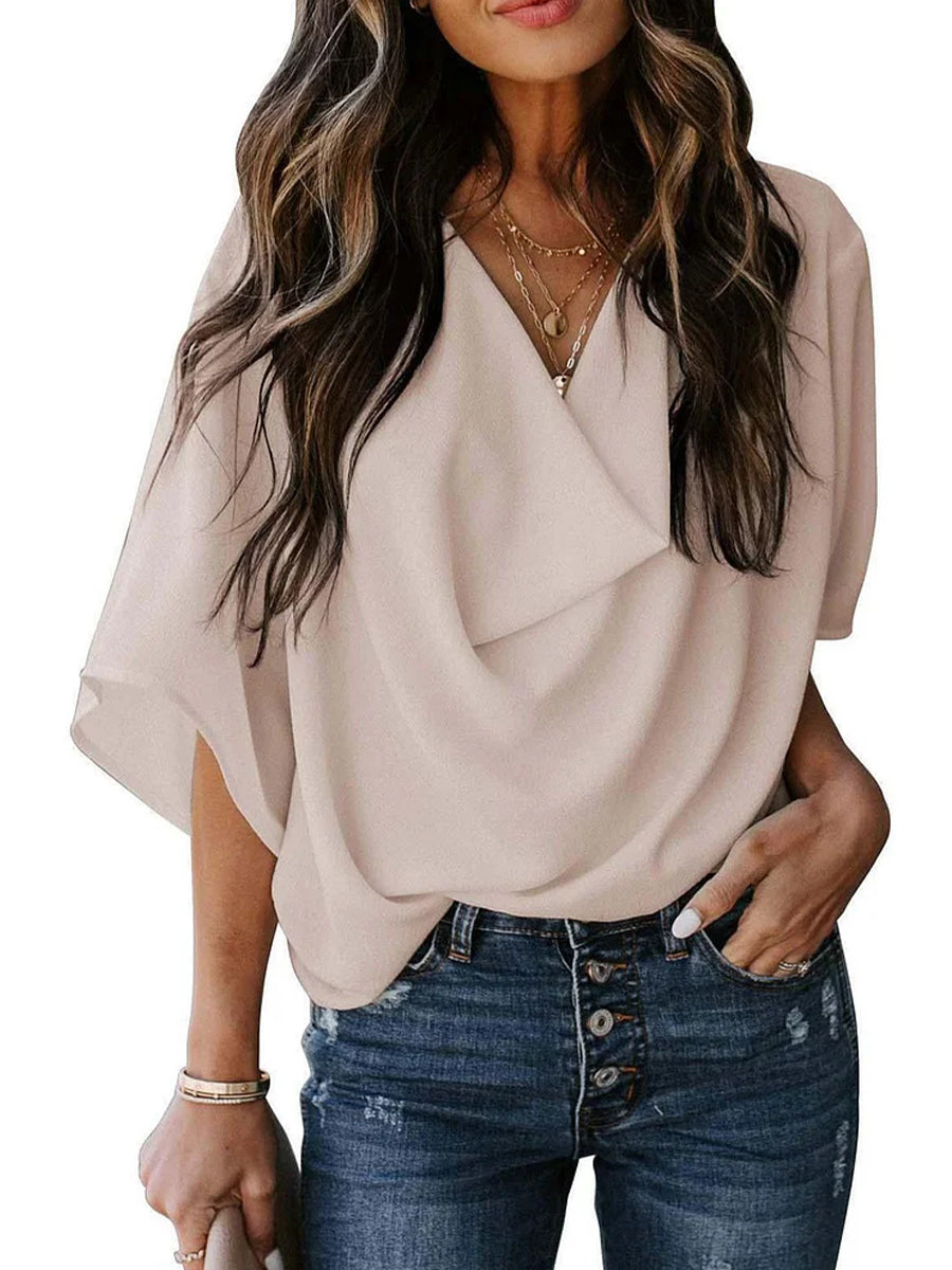 Solid Drape Neck Casual Chiffon Top