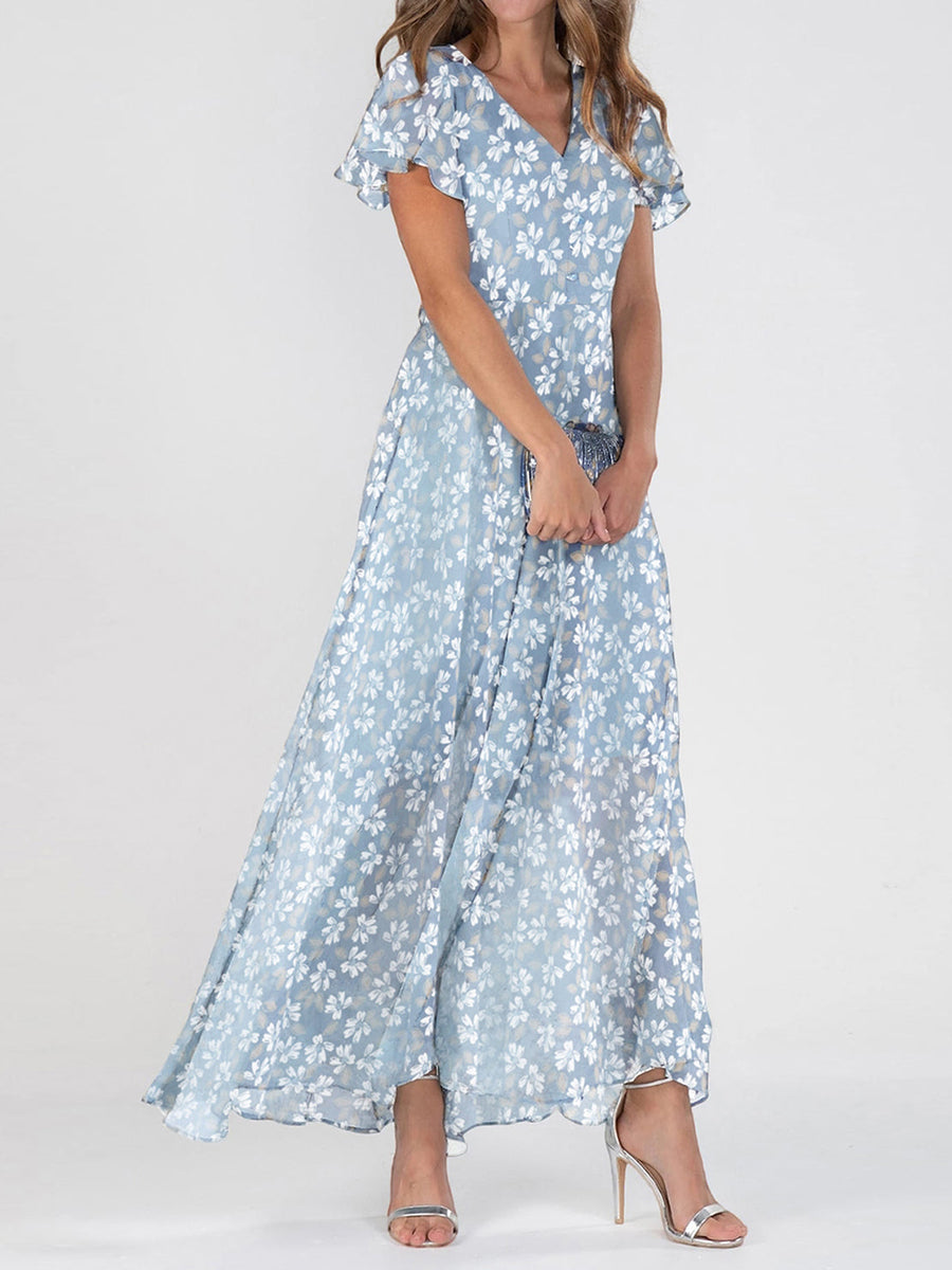 Floral Print V-neck Short Sleeve Maxi Dress