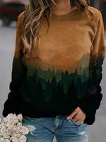 Yellowish Brown Casual Graphic Tops Round Neck Long Sleeve Mountain Printed Sweatershirt