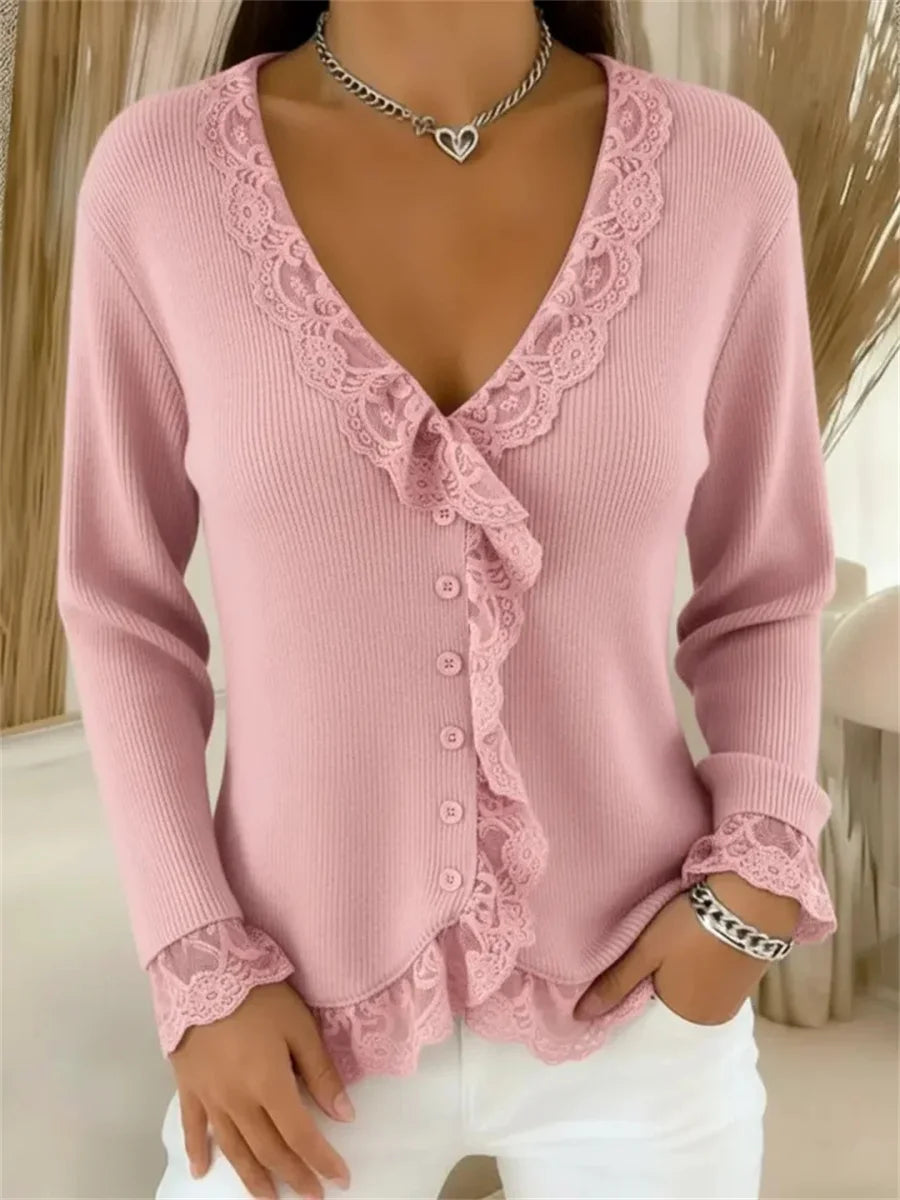 Women's Lace-paneled V-neck Long Sleeve Sweater