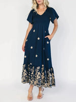 Navy Floral V-neck Short Sleeve Smocked Ruffle Sleeve Midi Dress