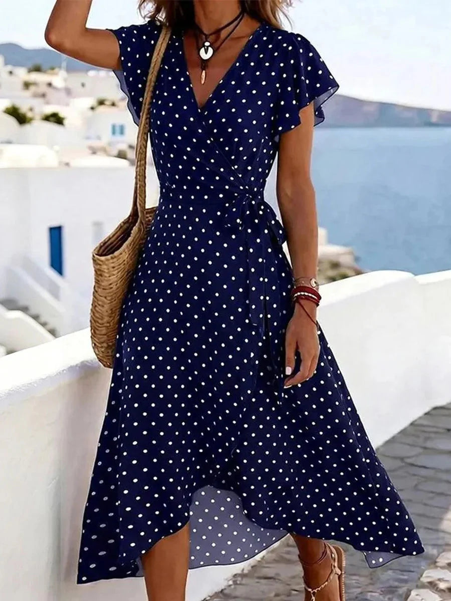 Navy Polka Dot Wrap V-neck Ruffle Short Sleeve Midi Dress