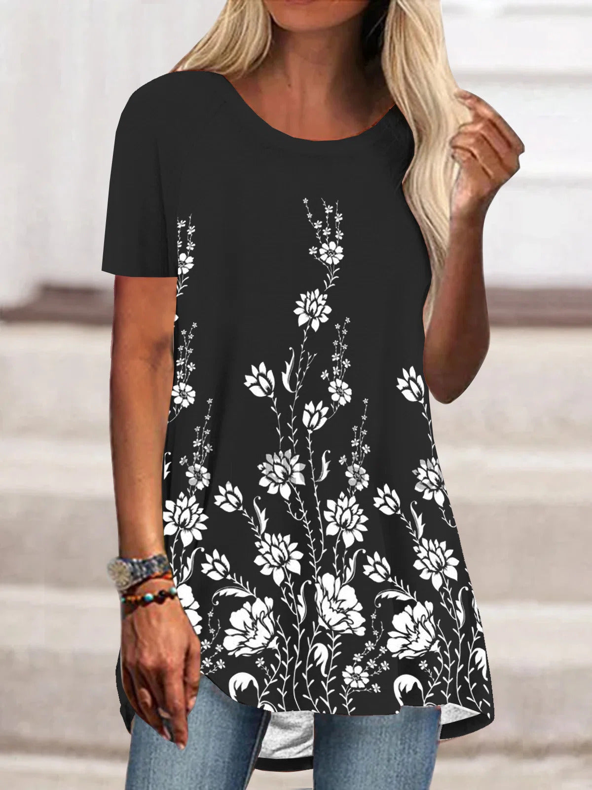 Black Casual Round Neck Printed Short Sleeve Blouse
