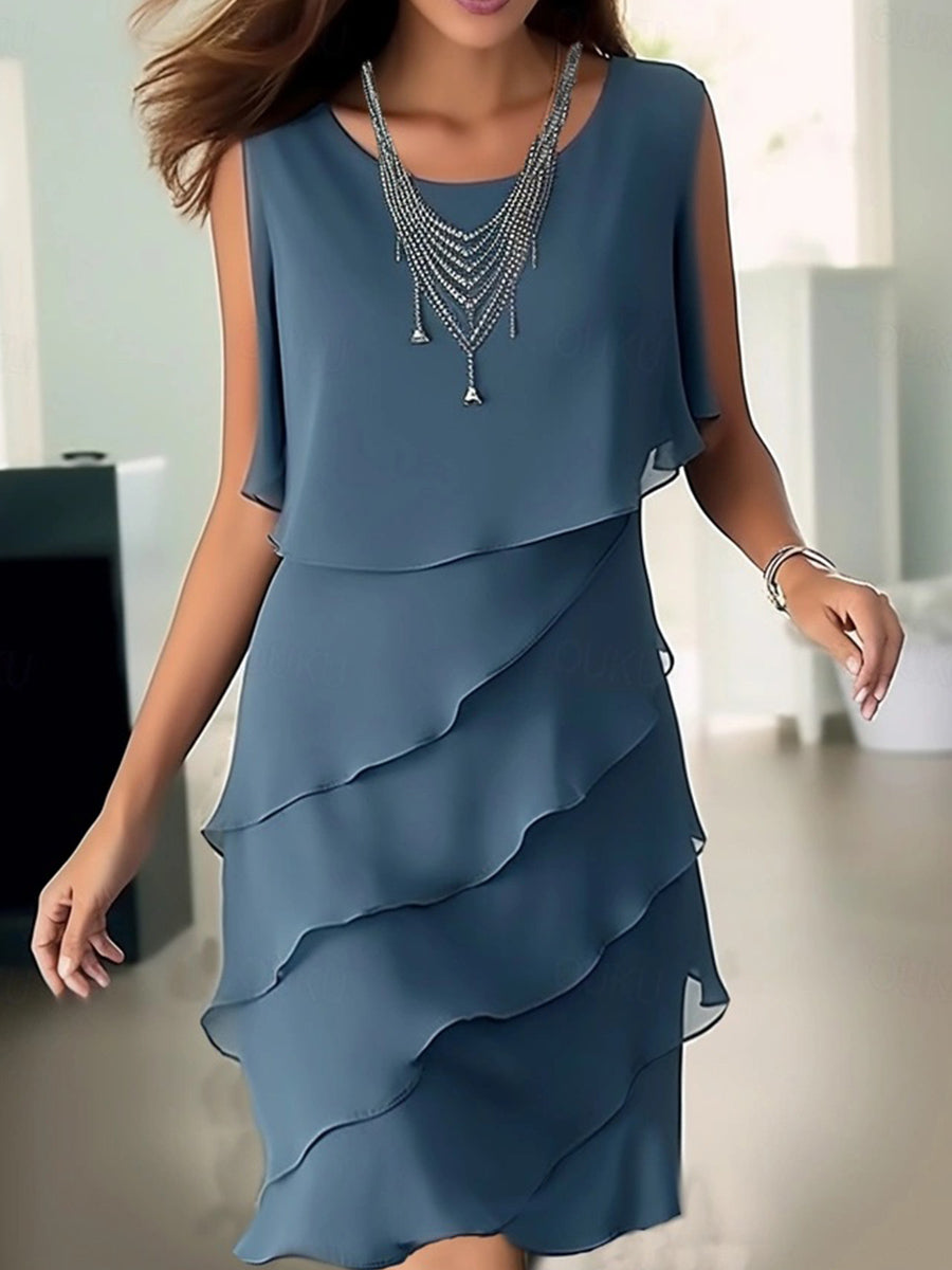 Pure Color Ruffle Crew Neck Sleeveless Dress