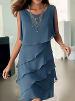 Pure Color Ruffle Crew Neck Sleeveless Dress