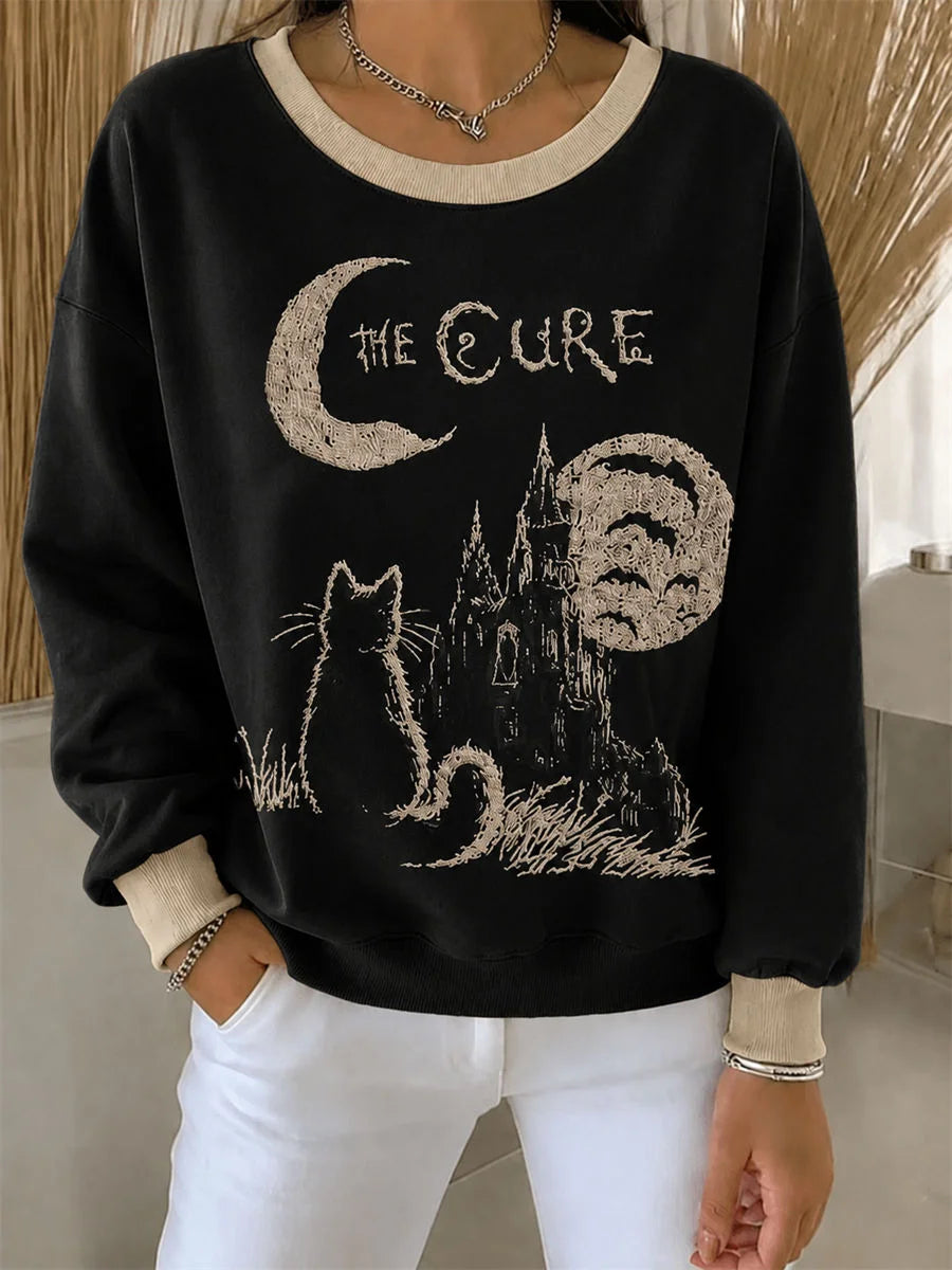 Casual Cat Crew Neck Long Sleeve Sweatshirt